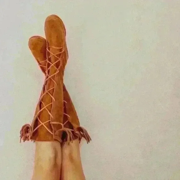 NWOT Minnetonka Front Lace Knee High fringe soft suede leather Boot - Picture 5 of 10